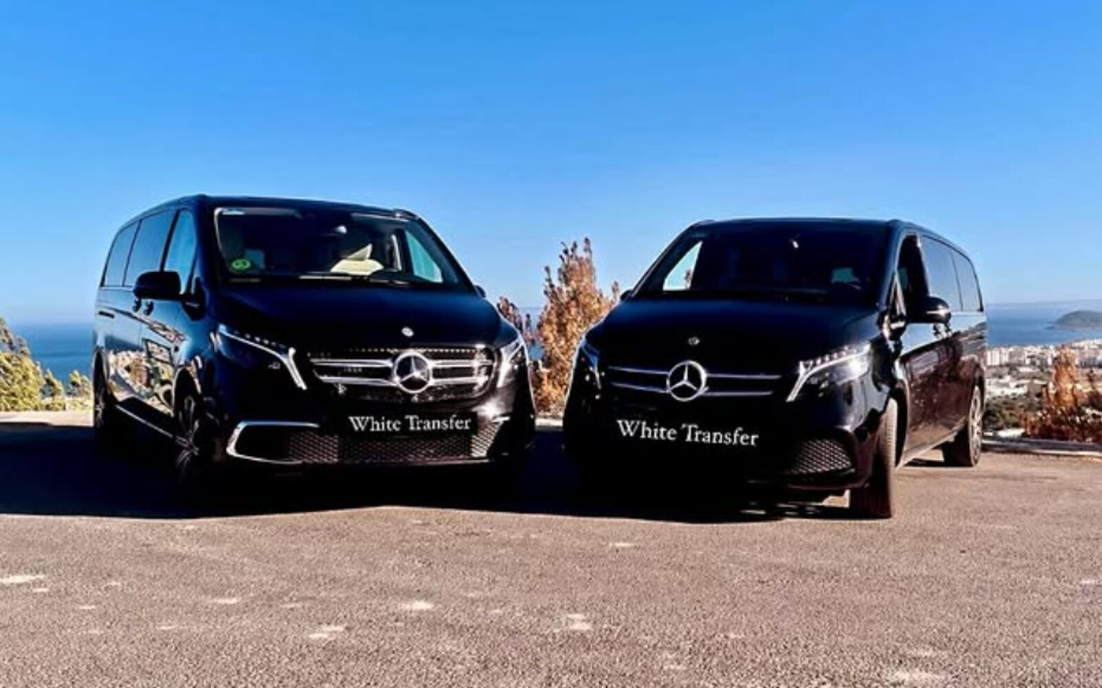 Dos Mercedes V-Class de White Transfer Ibiza rotulados, frente al mar